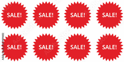 Eight red starburst sale tags with white text announcing discounts and promotions