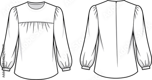 Women’s long sleeve blouse front and back view, flat sketch, fashion cad template, gathered sleeve design, vector apparel illustration