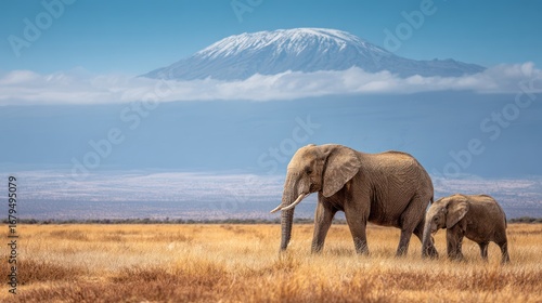 Elephants graze in a golden grassland under a snow-capped mountain backdrop