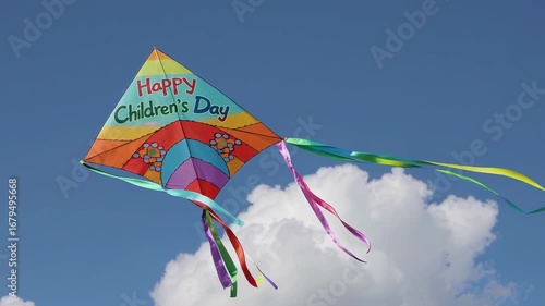 Colorful cartoon style lettering Happy Children’s Day. Festive illustration for children’s holiday celebration, playful design with bright colors and cheerful mood.