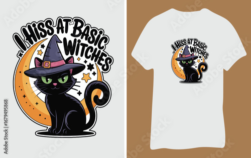 Halloween black cat witch hat moon i hiss at basic witches t shirt design