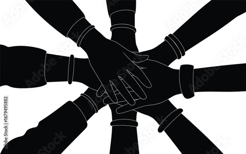 Diverse hands clasped together in a circle symbolizing unity and teamwork