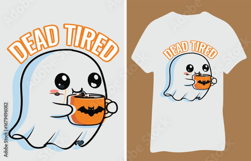 Cute ghost holding pumpkin mug with dead tired text
