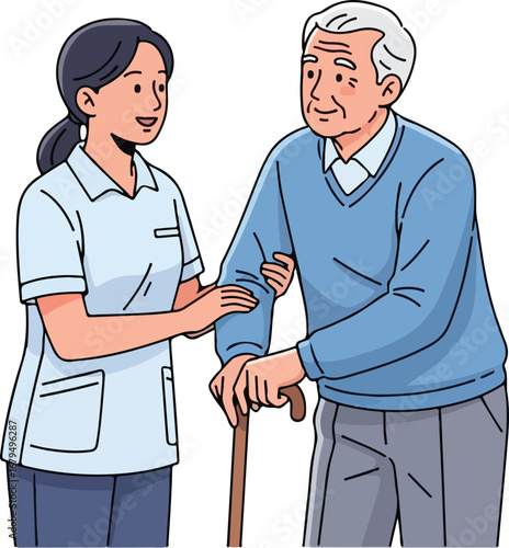A caregiver assists an elderly man with a walking stick, offering support and care.