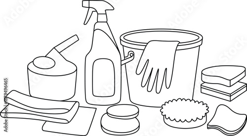 Hand drawn sketch of cleaning supplies including bottles gloves and sponges