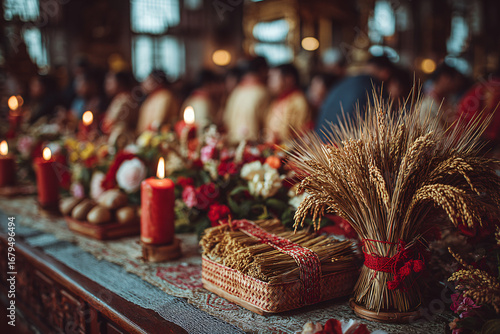 A close-up of the symbolic rice sheaf offering at Agera festival. Golden stalks tied with red ribbon, placed on the church altar with candles and flowers.