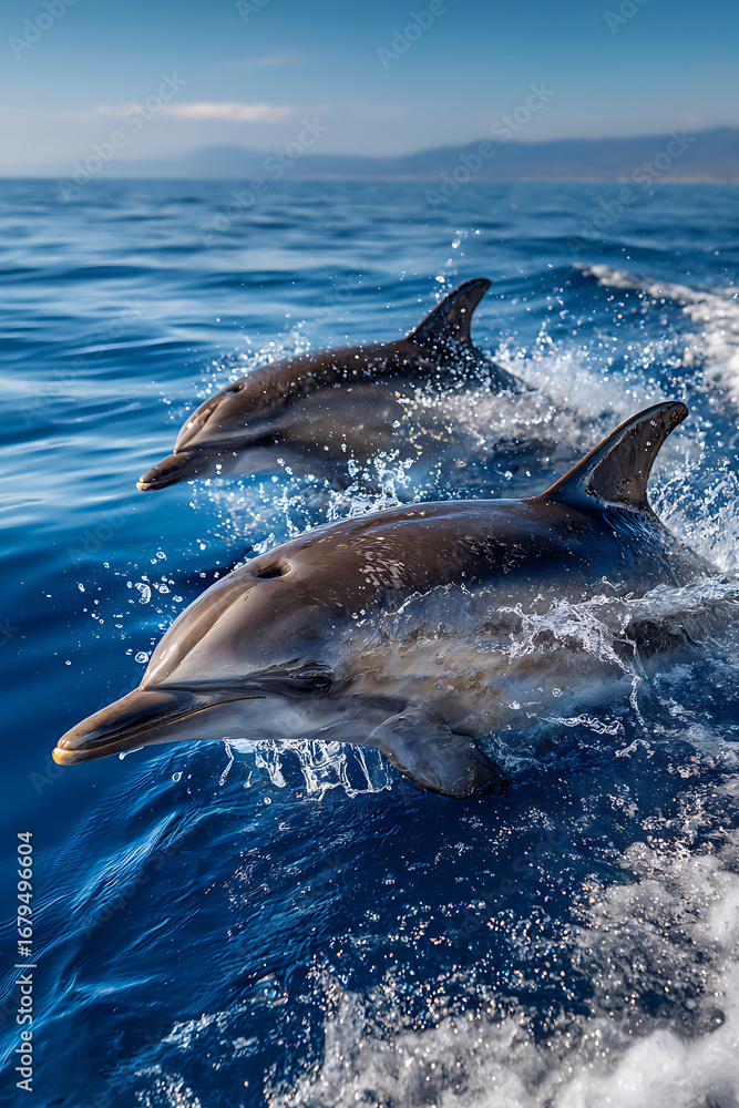 Fototapeta premium Energetic Dolphins Leaping Through Sparkling Azure Ocean Waves Under Bright Sun