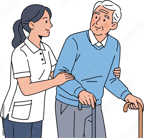 A caregiver assists an elderly man with a walking cane, offering support and care.