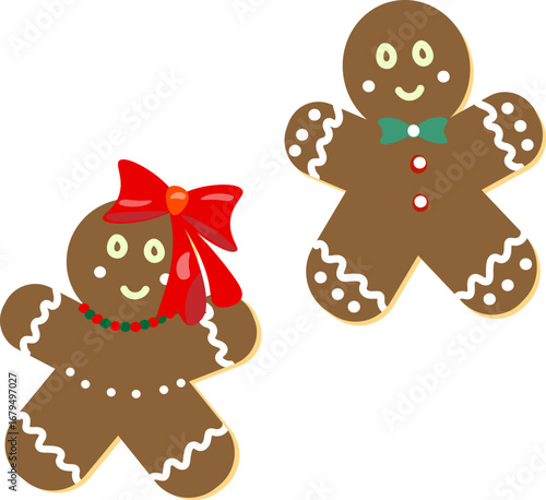Cute vector illustration of two gingerbread figures, a male and a female, decorated with bows, buttons, and icing. Ideal for themes of love, couples, and Christmas or Valentine's Day.
