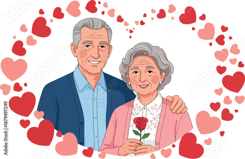 A smiling elderly couple embraces within a heart-shaped frame, holding a rose.