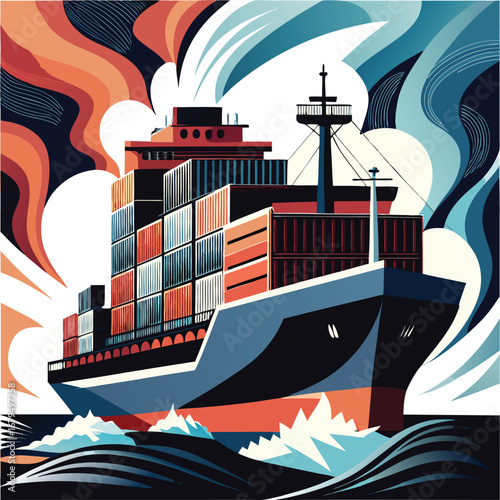Large container ship with gantry crane at sea