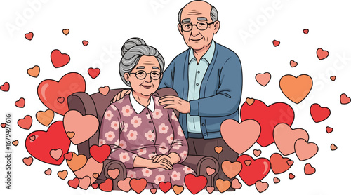 An elderly couple, embracing with love, surrounded by floating heart shapes, celebrating affection.
