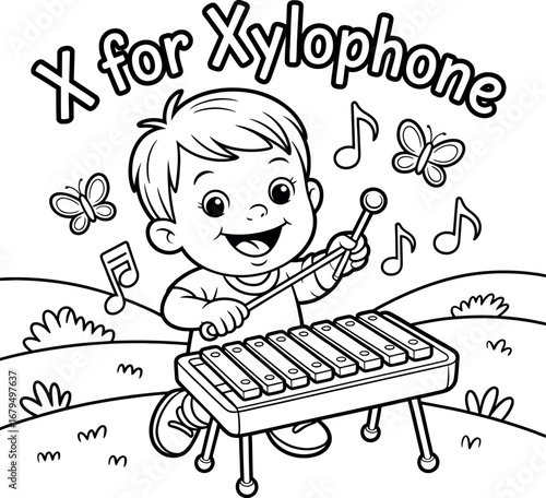 Cartoon illustration of a child playing the xylophone educational coloring page