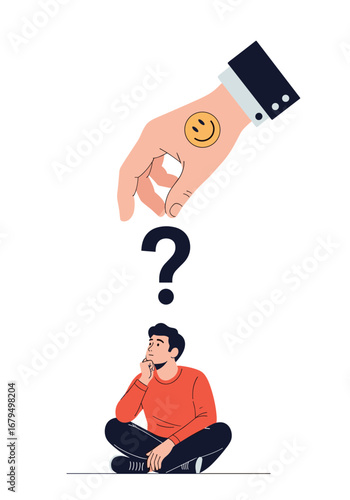 Thinking about happiness a hand with a smiley face is offering a question mark above a person sitting and contemplating life choices