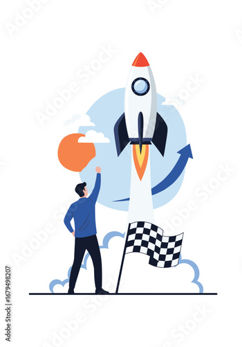 Man reaching towards rocket launch succeeding goal achieved celebration start business journey