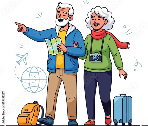 Elderly couple traveling with luggage, map, and camera, pointing towards a destination.