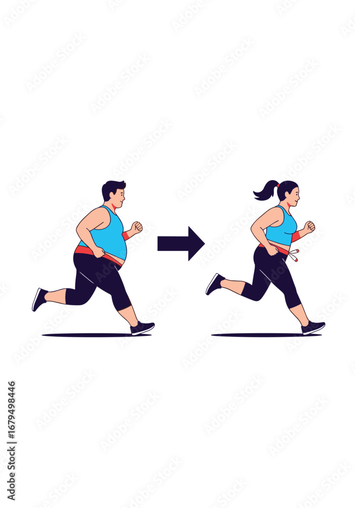 Fototapeta premium Man and woman running transforming from overweight to fit losing weight