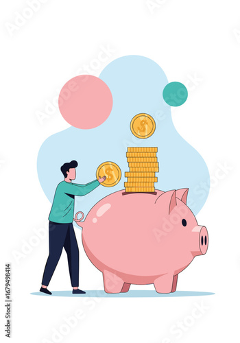 Young man inserting gold coins into a pink piggy bank for savings and financial growth