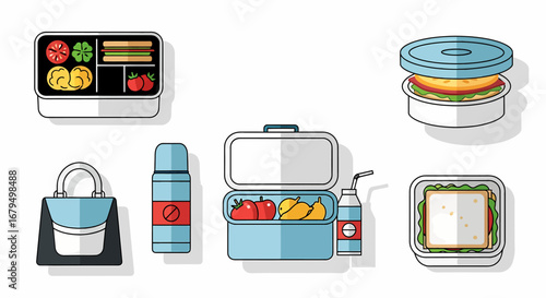Assorted lunchbox items, including bento box, thermos, and cooler bag, ready for a picnic or workday meal.