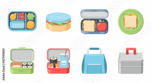 A collection of various lunchboxes and containers filled with different food items, ready for a meal.