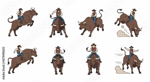 Collection of cartoon illustrations depicting a cowboy riding a bull in various rodeo actions and poses.