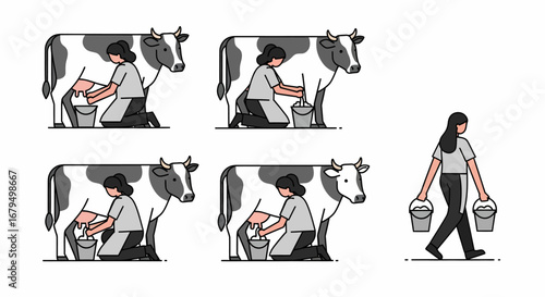 Illustration showing a woman milking a cow in stages, then carrying two buckets of milk.