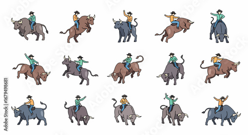 Cartoon illustration of cowboys riding bucking bulls in various rodeo poses.