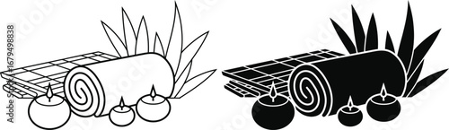 Stylized illustration of spa towels stones and greenery