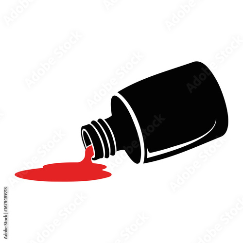 Black nail polish bottle lying sideways with red polish spilling from bottle