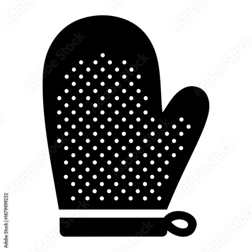 Illustration of a black oven mitt with white dots and a loop for hanging up it