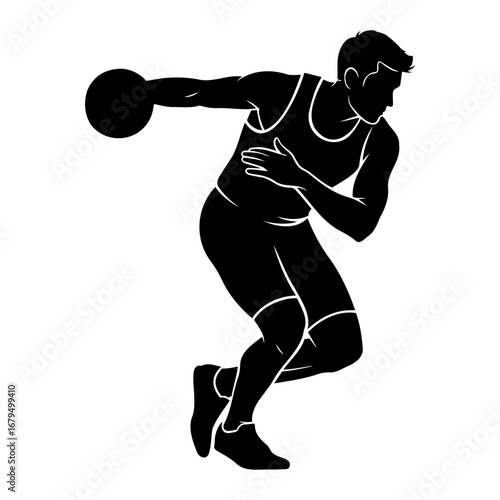 Silhouette of a discus thrower in motion preparing to release the discus object