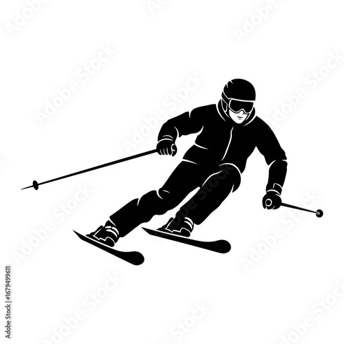 Silhouette of a skier in full gear skiing downhill with poles in monochrome art