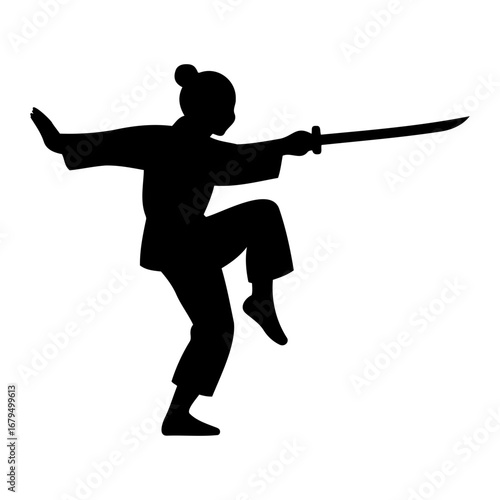 Silhouette of a person in a martial arts stance holding a sword with one leg raised