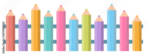 Cute children's fence made of colorful pencils. Horizontal seamless pattern