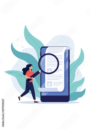 Person reviewing document on smartphone using magnifying glass for detailed analysis