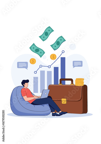 Man relaxing on bean bag chair working on laptop with money growing graph and briefcase