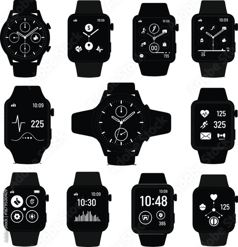 Silhouette collection of smartwatches with various user interfaces, health tracking, fitness features, digital screens, wearable technology, modern lifestyle.