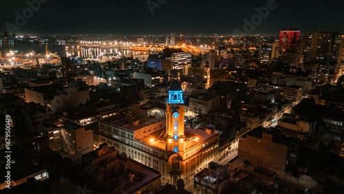 Montevideo Night Cityscape with Clock Tower