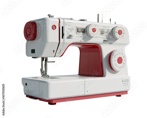 A 3D rendering of a retro-style sewing machine.?The machine is predominantly white with red accents.?Controls and dials are visible.?It's presented in a studio shot, isolated on a black background