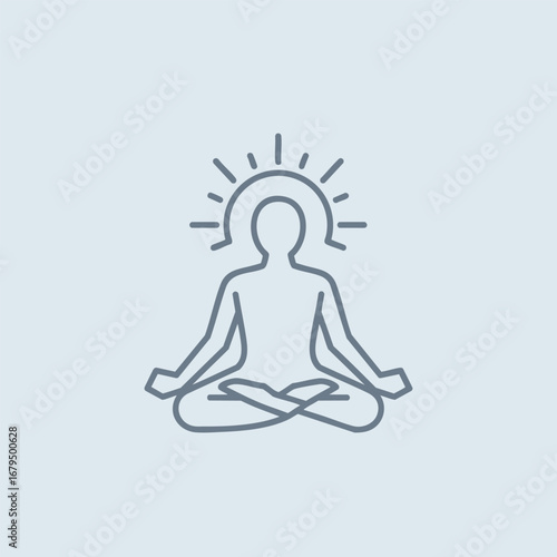 Minimalist silhouette of a meditating figure with a radiant halo, symbolizing tranquility and mindfulness in a serene setting