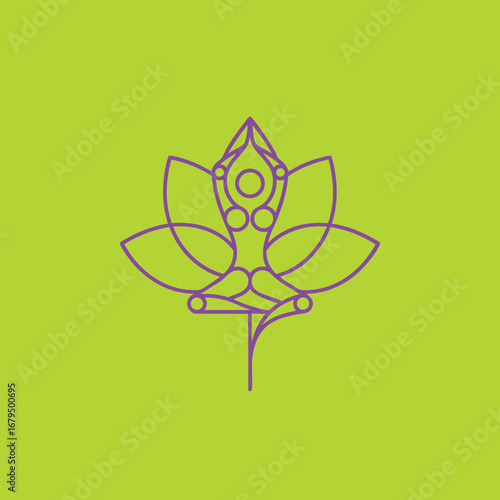 Abstract illustration of a meditative figure surrounded by stylized leaves on a vibrant green background