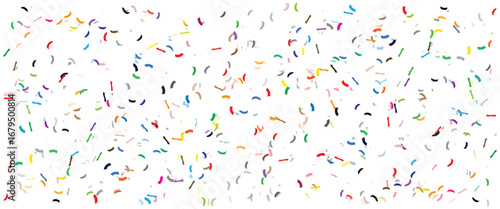 Colorful birthday party confetti background with falling paper pieces and ribbons, seamless festive border frame design on white, perfect for kids celebration invitation, greeting card or party