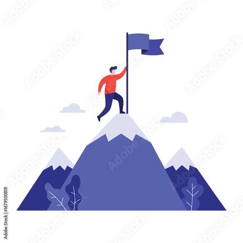 Man standing on top of a mountain holding a flag, symbolizing achievement and success.