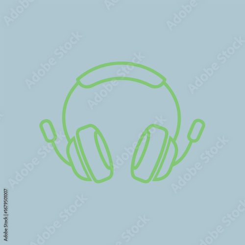 Minimalist illustration of a green headset on a light blue background, symbolizing audio technology and communication