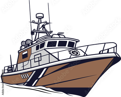  A detailed illustration of a modern patrol boat, featuring a multi-level superstructure, radar, and a sturdy hull