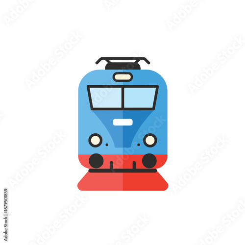 Illustration of a blue train with a red bumper on a white background.
