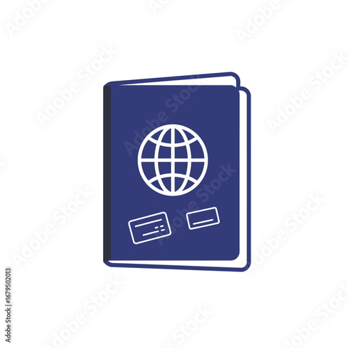 A stylized illustration of an open passport with a globe symbol and two cards inside.