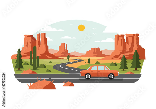 An orange car drives on a winding road through a desert landscape with red rock formations and cacti under a sunny sky.