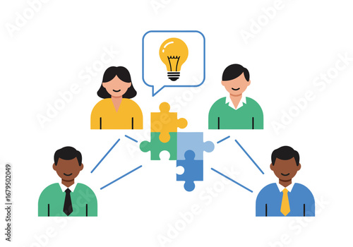 Teamwork and collaboration concept with people connecting puzzle pieces for a solution.