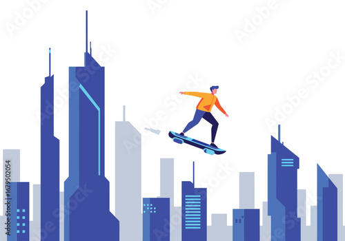 A person on a futuristic hoverboard flying above a modern city skyline.